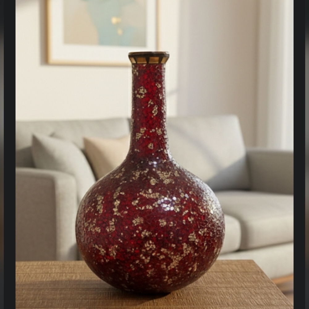 Vintage Red And Gold Mossiac 15' Vase